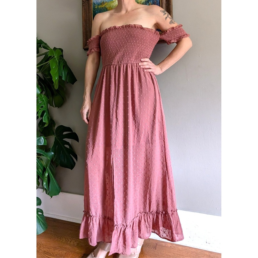 Listicle Women Dusty Rose Maxi Dress Smocked Swiss Dot Cottagecore Boho Romantic
